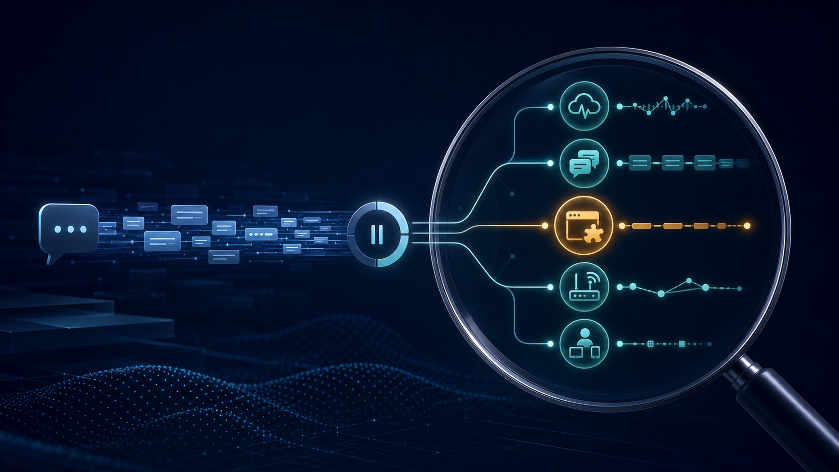 A stalled AI response analyzed across service, conversation, browser, network, and device layers